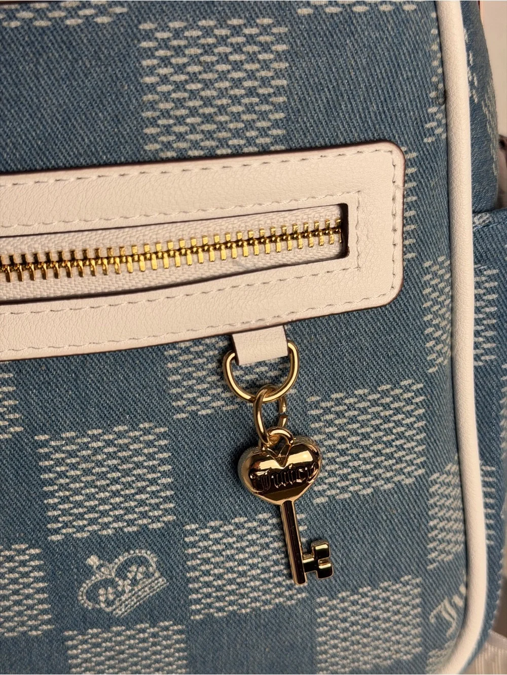 Juicy Couture Blue Check Mini Backpack with White Trim and Gold Accents